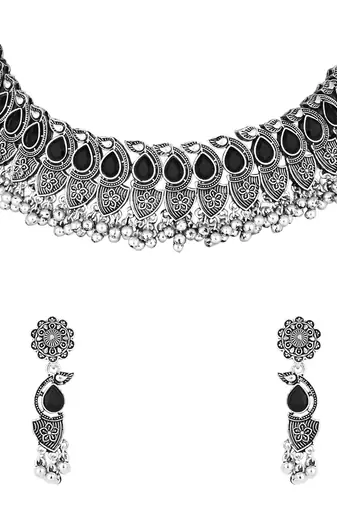 silver oxidised afghani mirror work ghungroo choker necklace jewellery set for women 