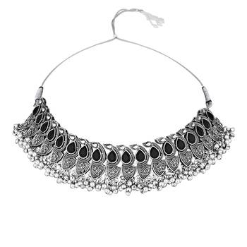 silver oxidised afghani mirror work ghungroo choker necklace jewellery set for women  3