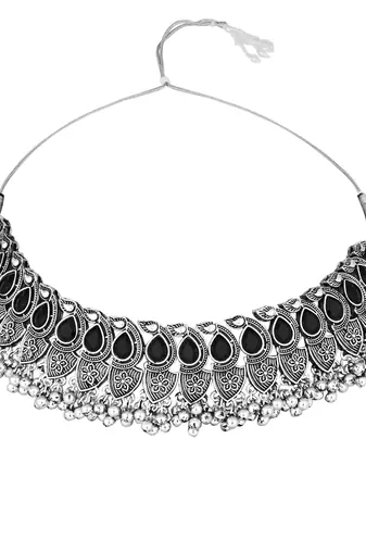 silver oxidised afghani mirror work ghungroo choker necklace jewellery set for women 