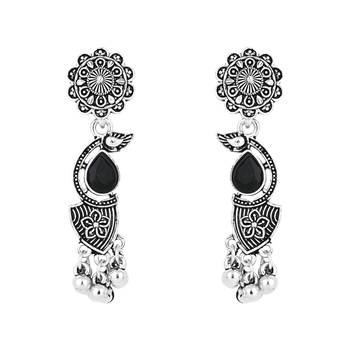 silver oxidised afghani mirror work ghungroo choker necklace jewellery set for women  4