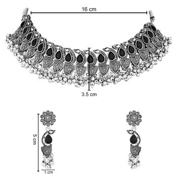 silver oxidised afghani mirror work ghungroo choker necklace jewellery set for women  5