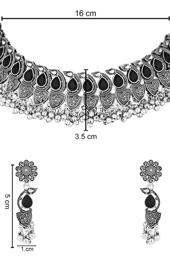 silver oxidised afghani mirror work ghungroo choker necklace jewellery set for women 