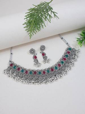 silver oxidised afghani ghungroo drop design choker necklace jewellery set with earrings  1