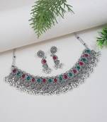 silver oxidised afghani ghungroo drop design choker necklace jewellery set with earrings 