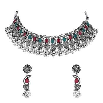 silver oxidised afghani ghungroo drop design choker necklace jewellery set with earrings  2