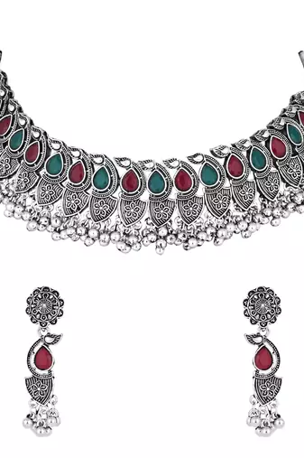 silver oxidised afghani ghungroo drop design choker necklace jewellery set with earrings 