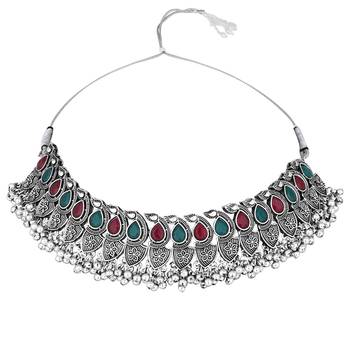silver oxidised afghani ghungroo drop design choker necklace jewellery set with earrings  3