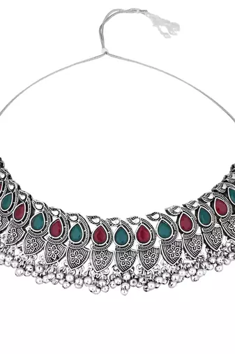 silver oxidised afghani ghungroo drop design choker necklace jewellery set with earrings 
