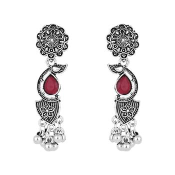 silver oxidised afghani ghungroo drop design choker necklace jewellery set with earrings  4