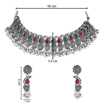 silver oxidised afghani ghungroo drop design choker necklace jewellery set with earrings  5
