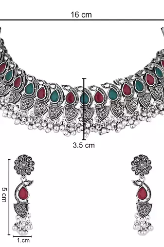 silver oxidised afghani ghungroo drop design choker necklace jewellery set with earrings 