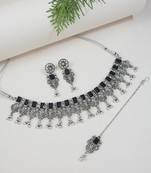 ethnic stylish boho silver oxidised choker necklace jewellery set with earrings & maang tikka 