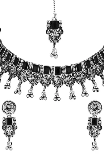 ethnic stylish boho silver oxidised choker necklace jewellery set with earrings & maang tikka 
