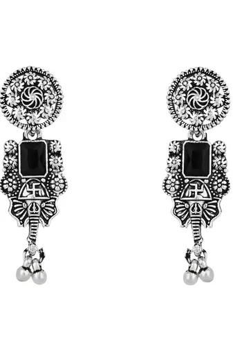 ethnic stylish boho silver oxidised choker necklace jewellery set with earrings & maang tikka 