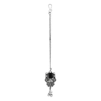 ethnic stylish boho silver oxidised choker necklace jewellery set with earrings & maang tikka  4