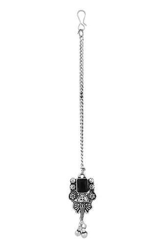 ethnic stylish boho silver oxidised choker necklace jewellery set with earrings & maang tikka 