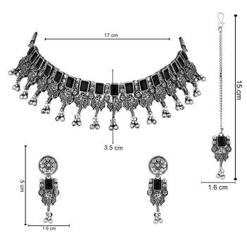 ethnic stylish boho silver oxidised choker necklace jewellery set with earrings & maang tikka  5