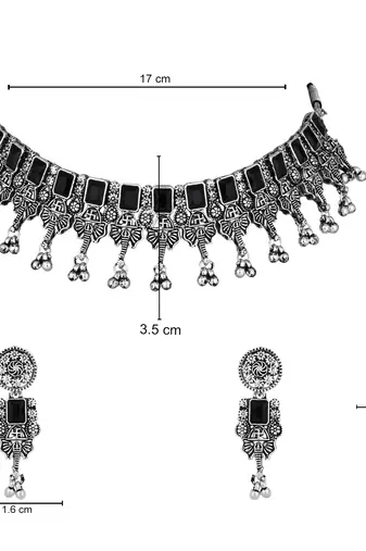 ethnic stylish boho silver oxidised choker necklace jewellery set with earrings & maang tikka 