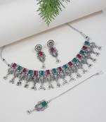 ethnic stylish boho silver oxidised choker necklace jewellery set with earrings & maang tikka 
