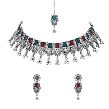 ethnic stylish boho silver oxidised choker necklace jewellery set with earrings & maang tikka  2