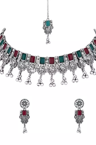 ethnic stylish boho silver oxidised choker necklace jewellery set with earrings & maang tikka 