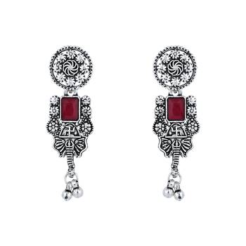 ethnic stylish boho silver oxidised choker necklace jewellery set with earrings & maang tikka  3