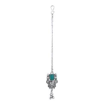 ethnic stylish boho silver oxidised choker necklace jewellery set with earrings & maang tikka  4