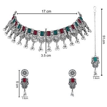 ethnic stylish boho silver oxidised choker necklace jewellery set with earrings & maang tikka  5