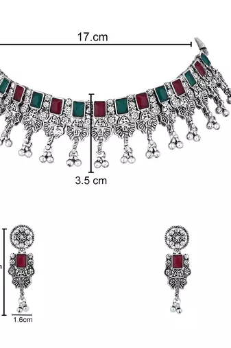ethnic stylish boho silver oxidised choker necklace jewellery set with earrings & maang tikka 