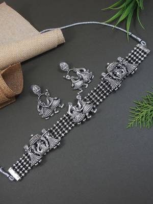 I jewels ethnic stylish silver oxidised afghani choker necklace jewellery set with earrings (mc185ox) 1