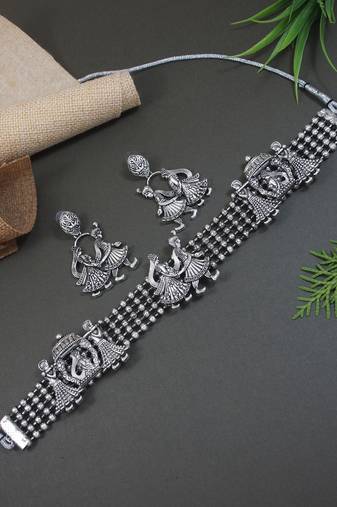 I jewels ethnic stylish silver oxidised afghani choker necklace jewellery set with earrings (mc185ox)