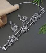 I jewels ethnic stylish silver oxidised afghani choker necklace jewellery set with earrings (mc185ox)