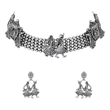 I jewels ethnic stylish silver oxidised afghani choker necklace jewellery set with earrings (mc185ox) 2