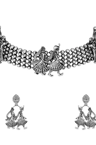I jewels ethnic stylish silver oxidised afghani choker necklace jewellery set with earrings (mc185ox)