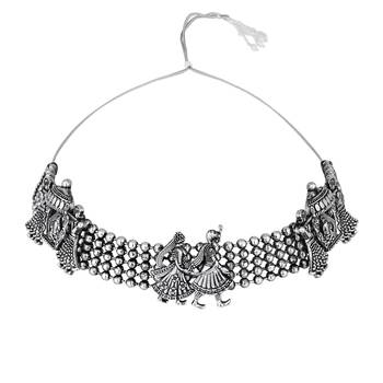 I jewels ethnic stylish silver oxidised afghani choker necklace jewellery set with earrings (mc185ox) 3