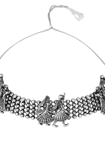 I jewels ethnic stylish silver oxidised afghani choker necklace jewellery set with earrings (mc185ox)