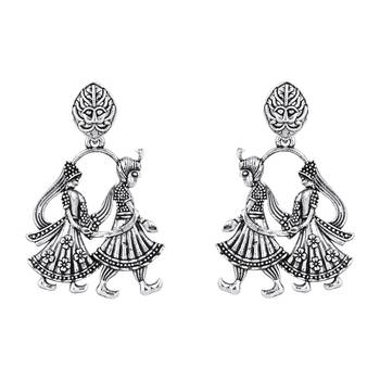 I jewels ethnic stylish silver oxidised afghani choker necklace jewellery set with earrings (mc185ox) 4