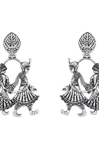 I jewels ethnic stylish silver oxidised afghani choker necklace jewellery set with earrings (mc185ox)
