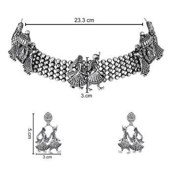 I jewels ethnic stylish silver oxidised afghani choker necklace jewellery set with earrings (mc185ox) 5