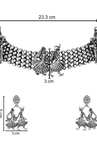 I jewels ethnic stylish silver oxidised afghani choker necklace jewellery set with earrings (mc185ox)