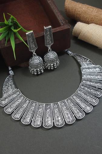 silver oxidised traditional afghani choker necklace jewellery set with earrings 