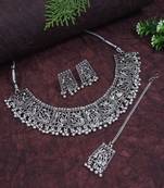 stylish silver oxidised traditional afghani choker necklace jewellery with earring & maang tikka set 