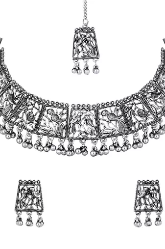 stylish silver oxidised traditional afghani choker necklace jewellery with earring & maang tikka set 