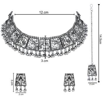 stylish silver oxidised traditional afghani choker necklace jewellery with earring & maang tikka set  5
