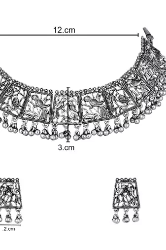 stylish silver oxidised traditional afghani choker necklace jewellery with earring & maang tikka set 