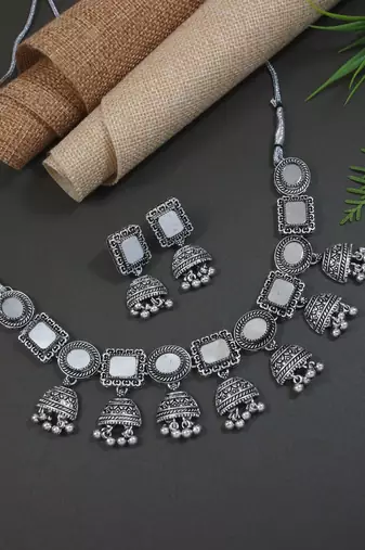 I jewels silver oxidised traditional afghani mirror work choker necklace jewellery set with earrings (mc191ox)