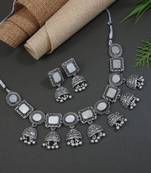 I jewels silver oxidised traditional afghani mirror work choker necklace jewellery set with earrings (mc191ox)