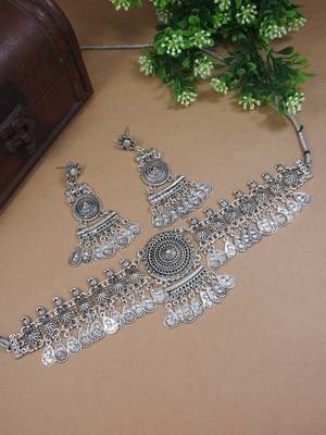 silver oxidised traditional afghani choker necklace jewellery set with earrings  1
