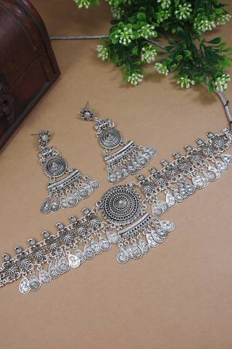 silver oxidised traditional afghani choker necklace jewellery set with earrings 