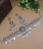 silver oxidised traditional afghani choker necklace jewellery set with earrings 
